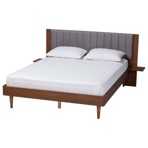 Kalista Grey Fabric Walnut Brown Wood Queen Size Bed with Built-In Side Tables