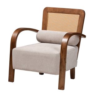 Sage Japandi Light Grey Fabric and Walnut Brown Finished Wood Arm Chair