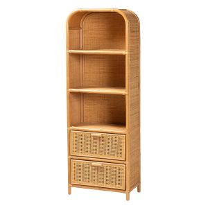 Curacao Modern Bohemian Light Honey Rattan 2-Drawer Bookcase