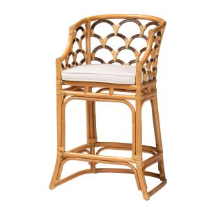 Veneto Modern Bohemian Light Honey and Dark Brown Rattan Bar Stool