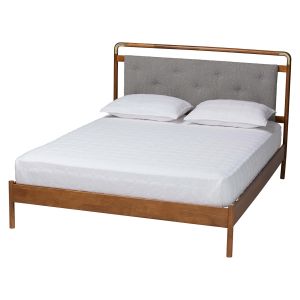 Edwina Light Grey Boucle Fabric and Walnut Brown Wood Queen Size Platform Bed