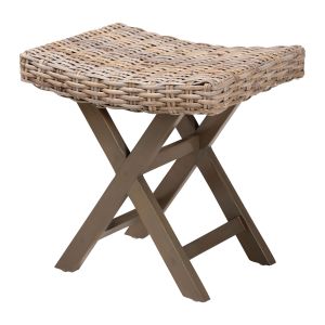 Hayate Bohemian Grey Kubu Rattan and Mahogany Wood Ottoman Footstool