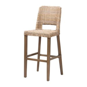 Magy Modern Bohemian Grey Kubu Rattan and Mahogany Wood Bar Stool