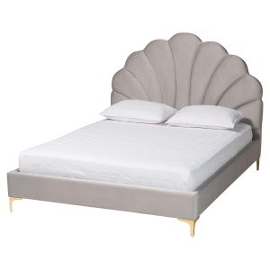 Acosta Glam and Luxe Light Grey Velvet Seashell-Headboard Queen Size Bed