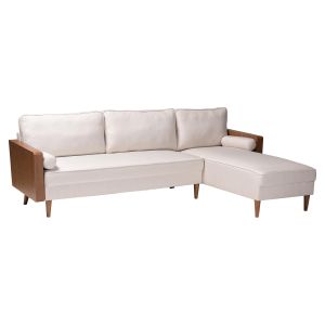 Harleson Modern Beige Fabric and Walnut Brown Wood Right Facing Sectional Sofa