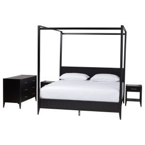 Primrose Mid-Century Black Fluted Wood King Size 4-Piece Canopy Bedroom Set