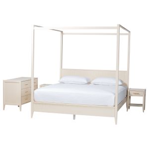 Primrose Mid-Century Ivory Fluted Wood King Size 4-Piece Canopy Bedroom Set