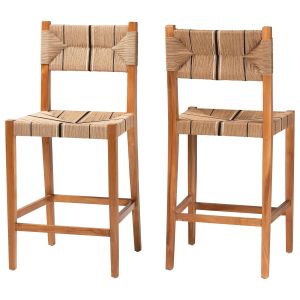 Prita Bohemian Paper Loom and Natural Mahogany Wood 2-Piece Bar Stool Set