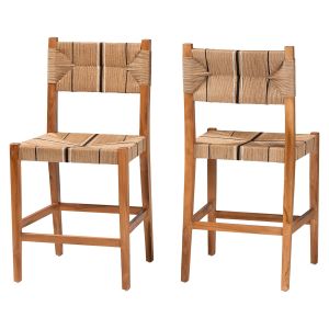 Prita Bohemian Paper Loom and Natural Mahogany Wood 2-Piece Counter Stool Set