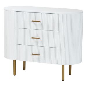 Beyla Mid-Century White Fluted Wood and Gold Metal 3-Drawer Dresser