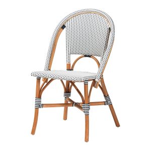 Genica French Two-Tone Navy and White Weaving and Natural Rattan Bistro Chair