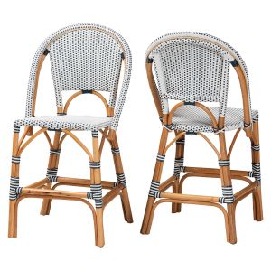 Genica Two-Tone Navy and White Weaving Natural Rattan 2-Piece Counter Stool Set