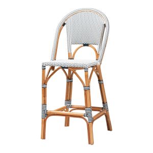 Genica Classic French Two-Tone Navy and White Weaving Natural Rattan Bar Stool