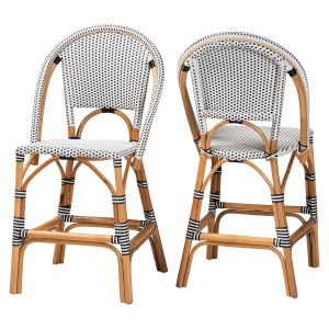 Genica Two-Tone Black White Weaving and Natural Rattan 2-Piece Counter Stool Set
