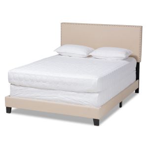 Ramon Modern and Contemporary Beige Linen Fabric Upholstered Full Size Panel Bed with Nailhead Trim