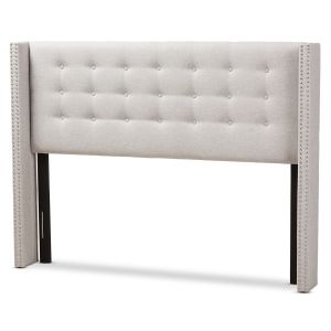 Ginaro Modern And Contemporary Greyish Beige Fabric Button-Tufted Nail head King Size Winged Headboard