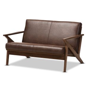 Bianca Mid-Century Modern Walnut Wood Dark Brown Distressed Faux Leather 2-Seater Loveseat