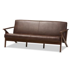 Bianca Mid-Century Modern Walnut Wood Dark Brown Distressed Faux Leather 3-Seater Sofa