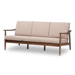 Venza Mid-Century Modern Walnut Wood Light Brown Fabric Upholstered 3-Seater Sofa