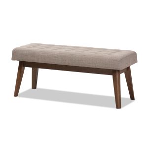 Elia Mid-Century Modern Walnut Wood Light Grey Fabric Button-Tufted Bench