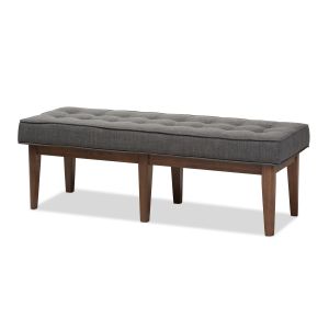 Lucca Mid-Century Modern Walnut Wood Dark Grey Fabric Button-Tufted Bench