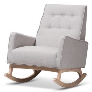 Marlena Mid-Century Modern Greyish Beige Fabric Upholstered Whitewash Wood Rocking Chair
