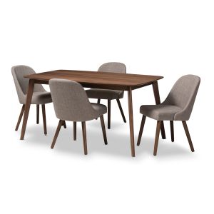 Cody Mid-Century Modern Light Grey Fabric Upholstered Walnut Finished Wood 5-Piece Dining Set