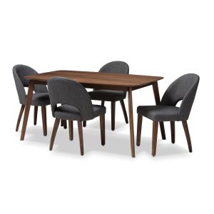 Wesley Mid-Century Modern Dark Grey Fabric Upholstered Walnut Finished Wood 5-Piece Dining Set