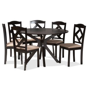 Carlin Sand Fabric Upholstered and Dark Brown Finished Wood 7-Piece Dining Set