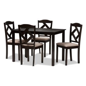 Ruth Modern and Contemporary Beige Fabric Upholstered and Dark Brown Finished 5-Piece Dining Set