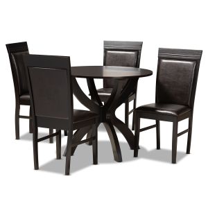 Ancel Modern and Contemporary Dark Brown Faux Leather Upholstered and Dark Brown Finished Wood 5-Piece Dining Set