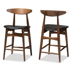 Flora Mid-Century Modern Black Faux Leather Upholstered Walnut Finished Counter Stool (Set of 2)