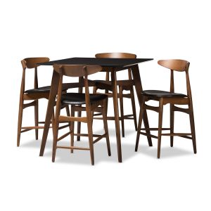Flora Mid-Century Modern Black Faux-Leather Upholstered Walnut Finished 5-Piece Pub Set