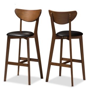 Eline Mid-Century Modern Black Faux Leather Upholstered Walnut Finished Bar Stool (Set of 2)