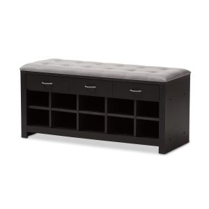Modern and Contemporary Espresso Finished Grey Fabric Upholstered Cushioned Entryway Bench
