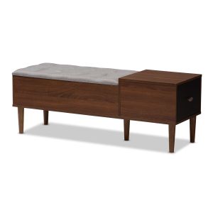 Merrick Mid-century Retro Modern 1-drawer 2-tone Oak and Dark Brown Wood Entryway Storage Grey Fabric Cushioned Bench Shoe Rack Cabinet Organizer