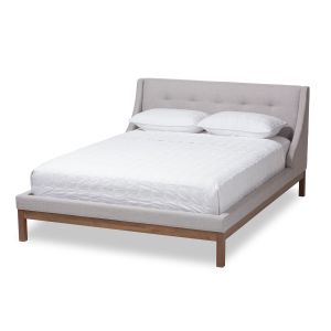 Louvain Modern and Contemporary Greyish Beige Fabric Upholstered Walnut-Finished Queen Sized Platform Bed