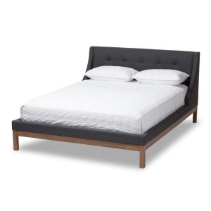 Louvain Modern and Contemporary Dark Grey Fabric Upholstered Walnut-Finished Full Sized Platform Bed