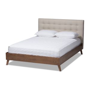 Alinia Mid-century Retro Modern Light Beige Fabric Upholstered Walnut Wood King Size Platform Bed