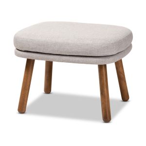 Lovise Mid-Century Modern Greyish Beige Fabric Upholstered Walnut Brown Finished Wood Ottoman