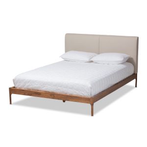 Aveneil Mid-Century Modern Beige Fabric Upholstered Walnut Finished King Size Platform Bed