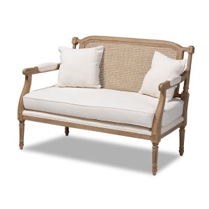 Clemence French Provincial Ivory Fabric Upholstered Whitewashed Wood Loveseat