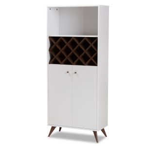 Serafino Mid-Century Modern White and Walnut Finished Wood Wine Cabinet