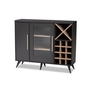 Pietro Mid-Century Modern Dark Grey and Oak Finished Wine Cabinet