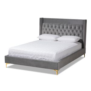 Valery Modern and Contemporary Dark Gray Velvet Fabric Upholstered Queen Size Platform Bed with Gold-Finished Legs