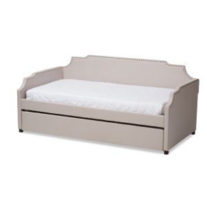 Ally Modern and Contemporary Beige Fabric Upholstered Twin Size Sofa Daybed with Roll Out Trundle Guest Bed