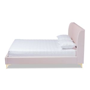 Saverio Glam and Luxe Light Pink Velvet Fabric Upholstered Queen Size Platform Bed with Gold-Tone Legs