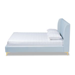 Saverio Glam and Luxe Light Blue Velvet Fabric Upholstered Queen Size Platform Bed with Gold-Tone Legs