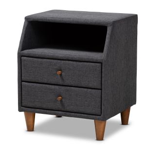 Claverie Mid-Century Modern Charcoal Fabric Upholstered 2-Drawer Wood Nightstand
