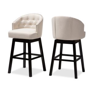 Theron Transitional Light Beige Fabric Upholstered Wood Swivel Bar Stool Set of 2
